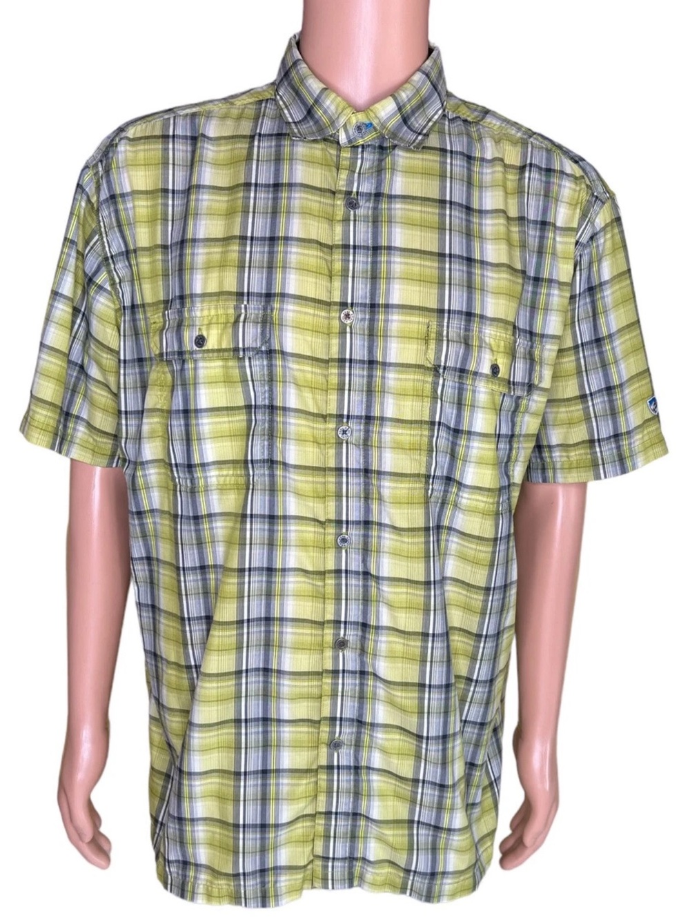 Men's Kuhl Eluxur Short Sleeve Button Front Shirt Checkered Size XL Yellow-Green